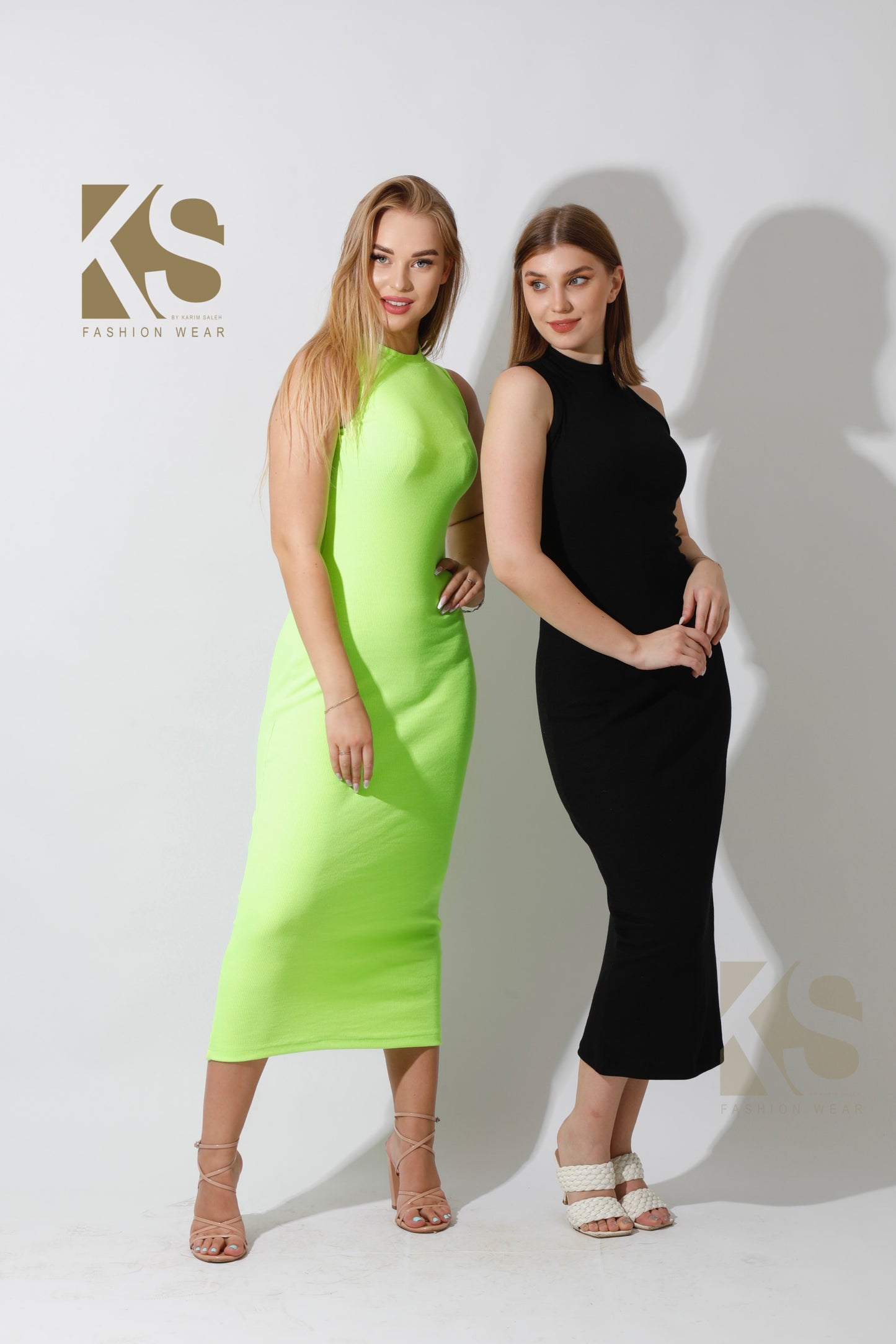 Slinky High Neck Midi Sleeveless Dress - Lime Green