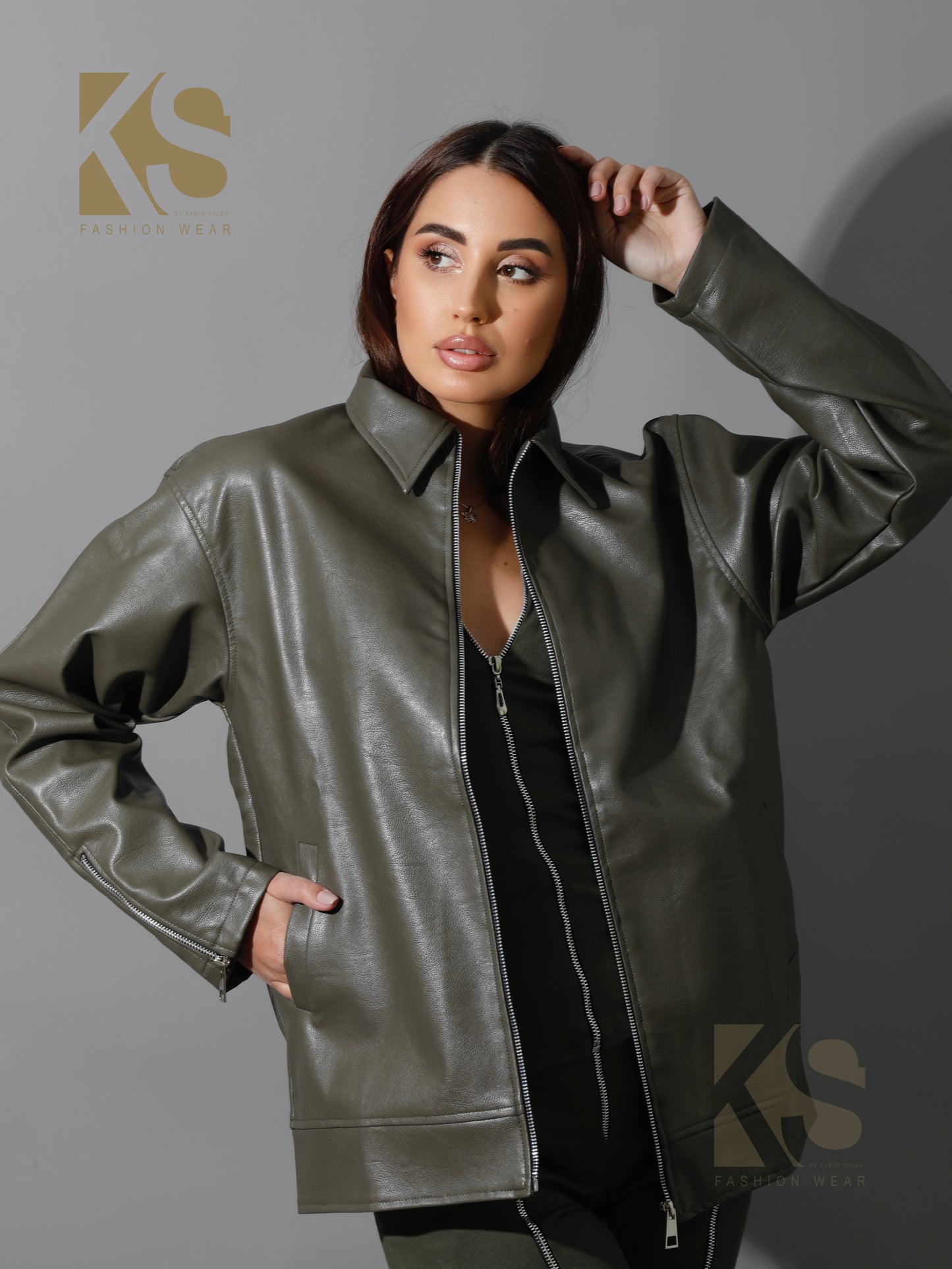 Leather Zipper Sleeved Jacket - Olive