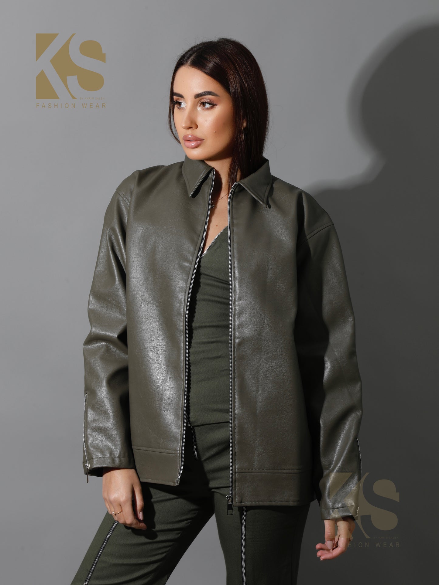 Leather Zipper Sleeved Jacket - Olive