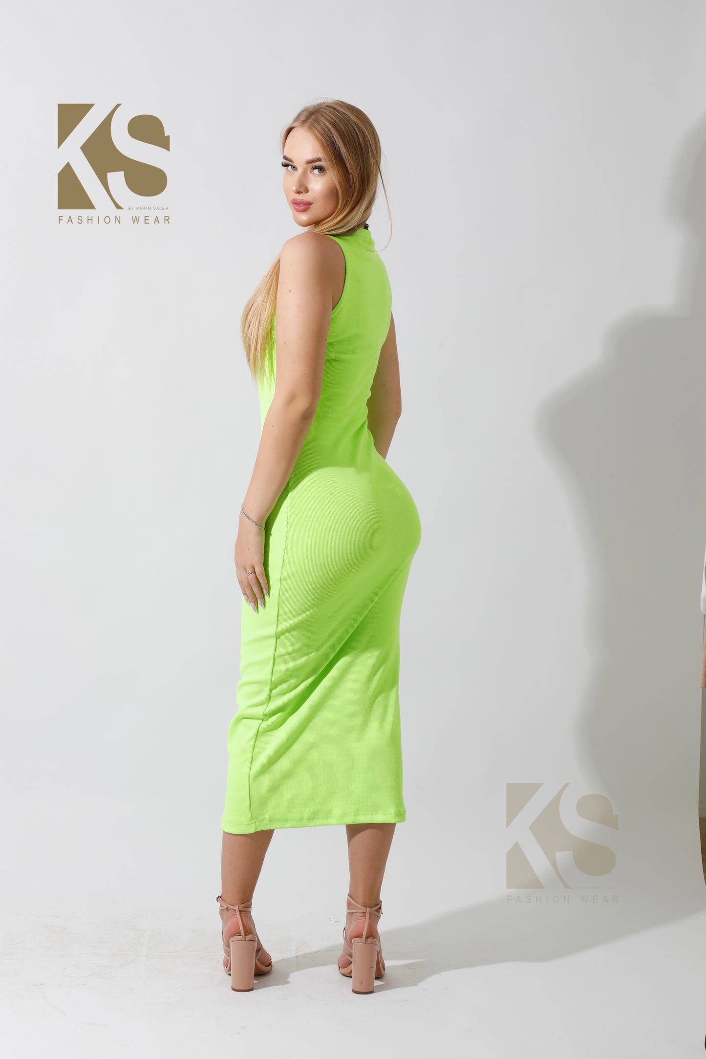 Slinky High Neck Midi Sleeveless Dress - Lime Green