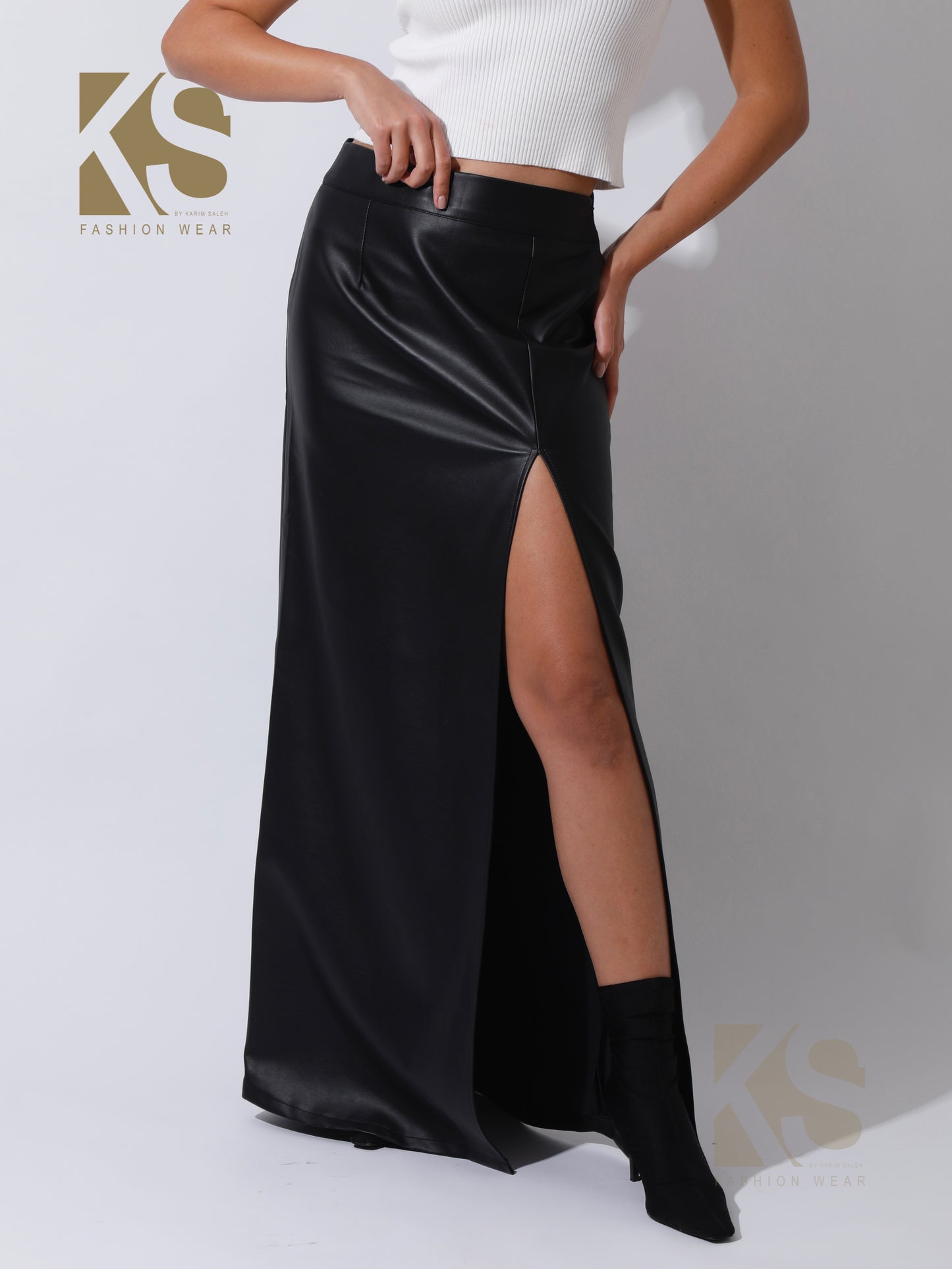 Leather Front Slit Skirt - Black