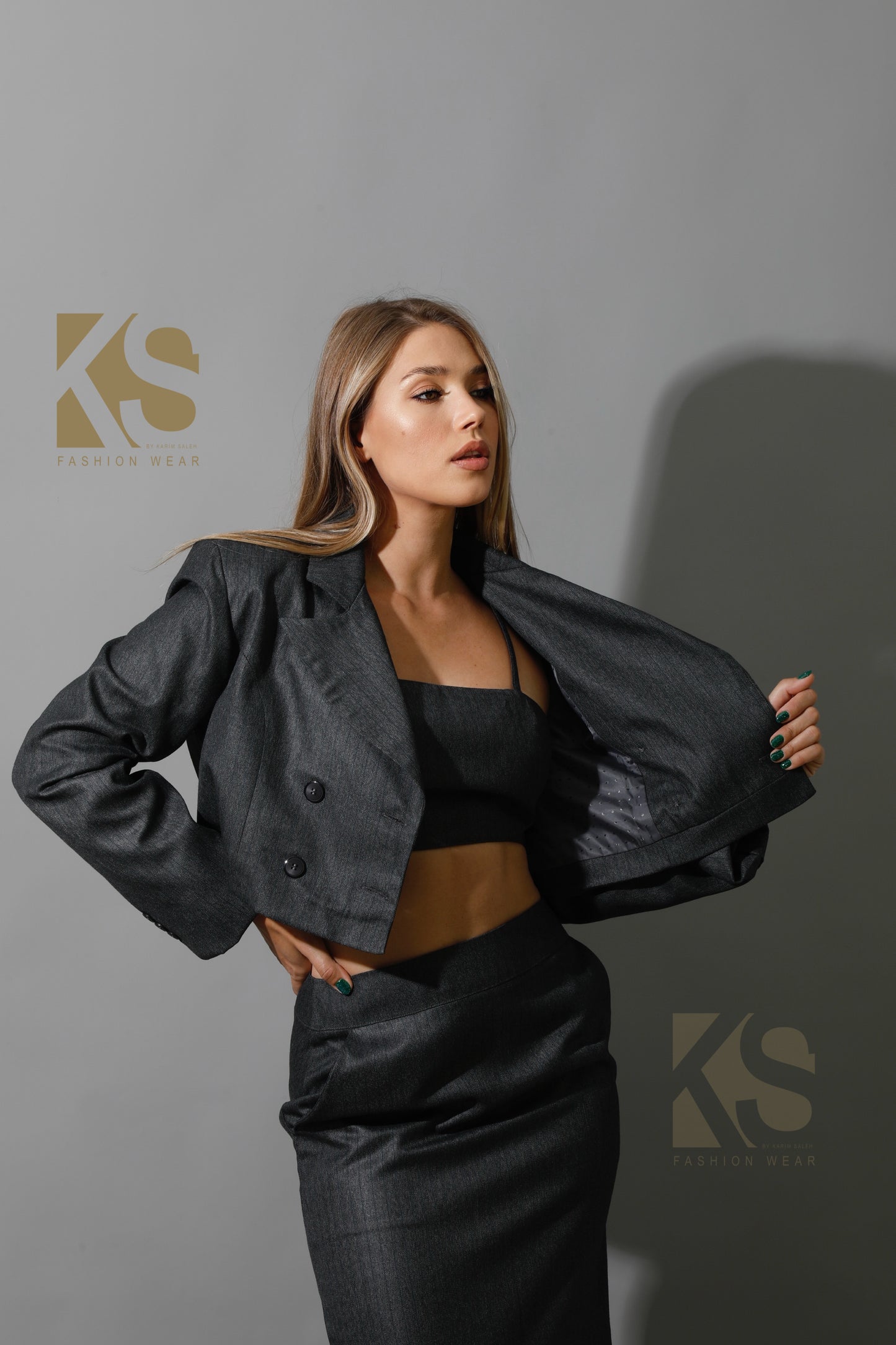 Striped Cropped Blazer Co-Ord - Gray