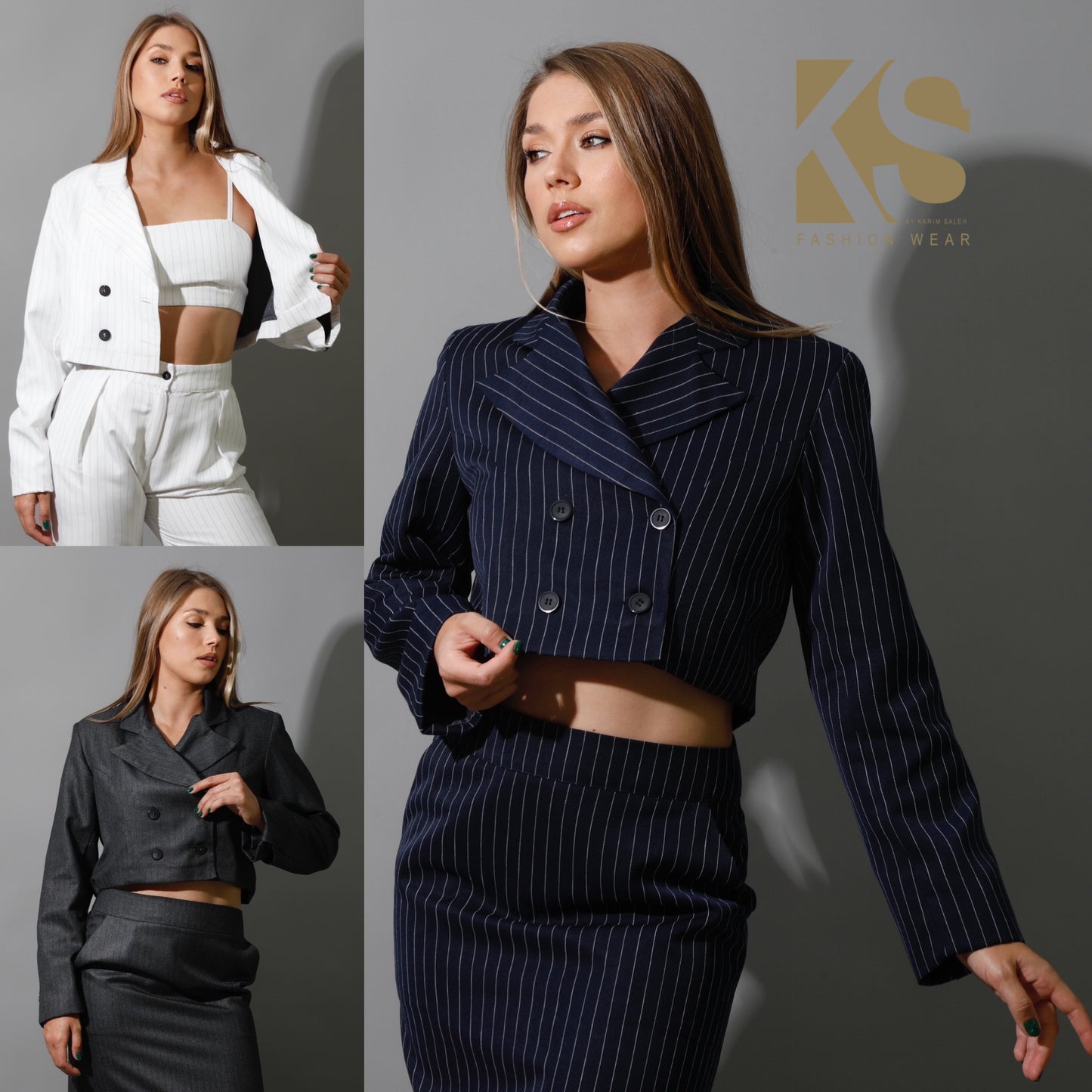 Striped Cropped Blazer Co-Ord - Gray
