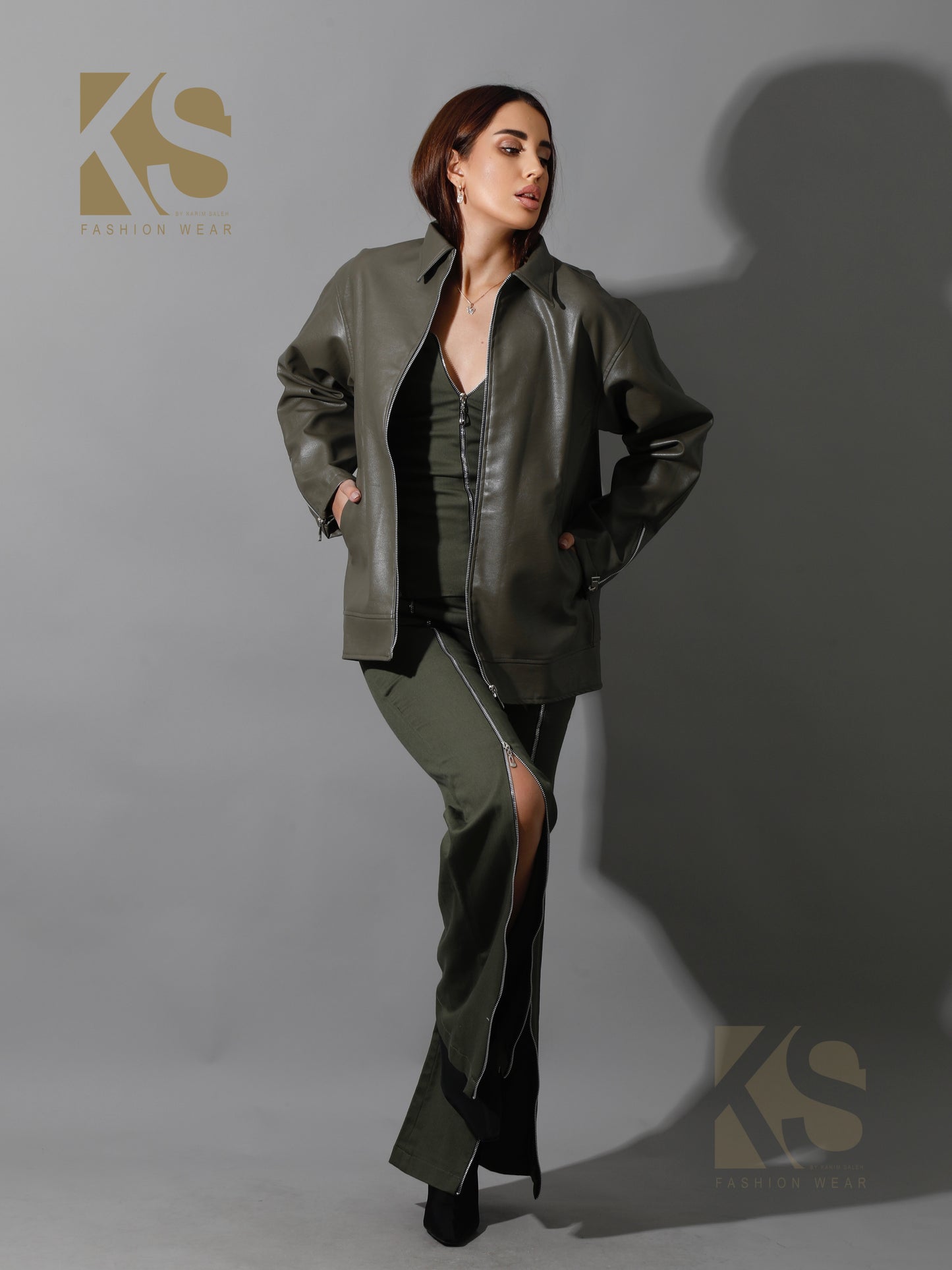 Leather Zipper Sleeved Jacket - Olive
