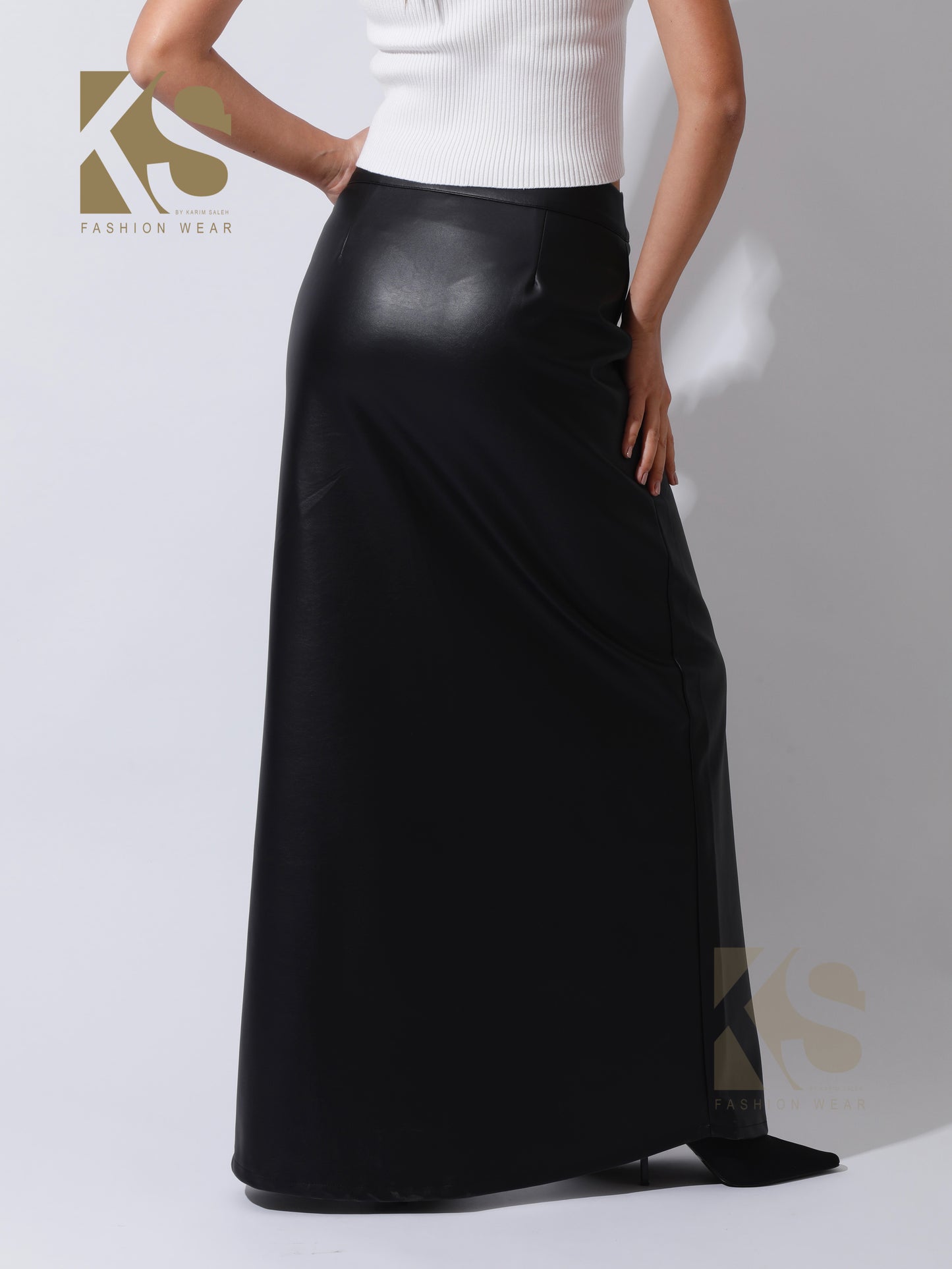 Leather Front Slit Skirt - Black
