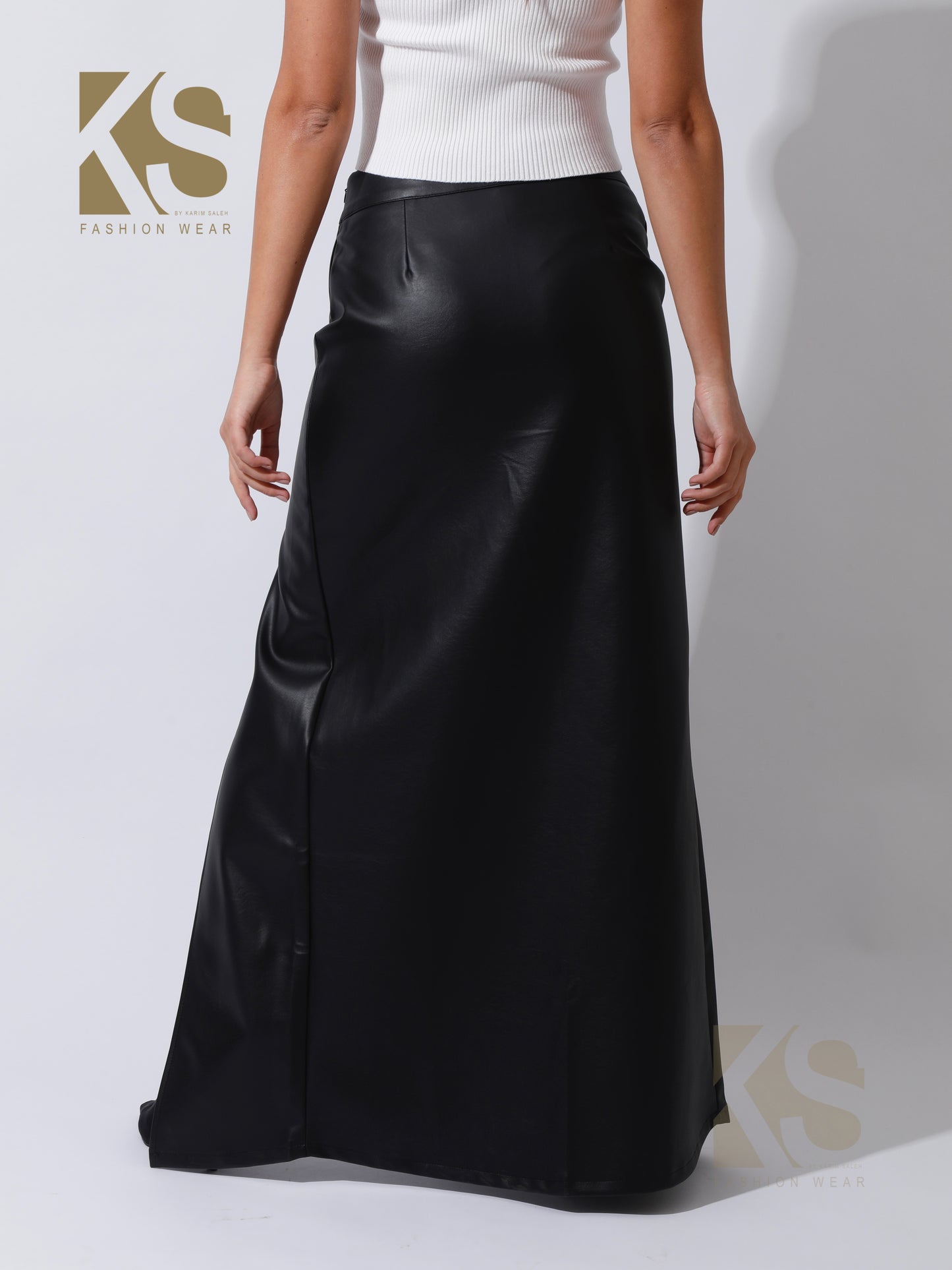 Leather Front Slit Skirt - Black