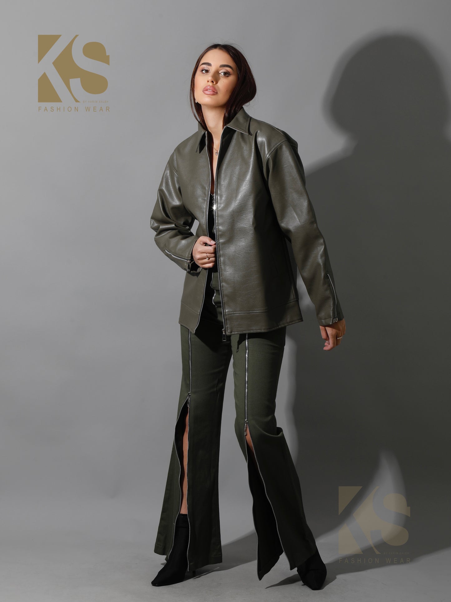 Leather Zipper Sleeved Jacket - Olive