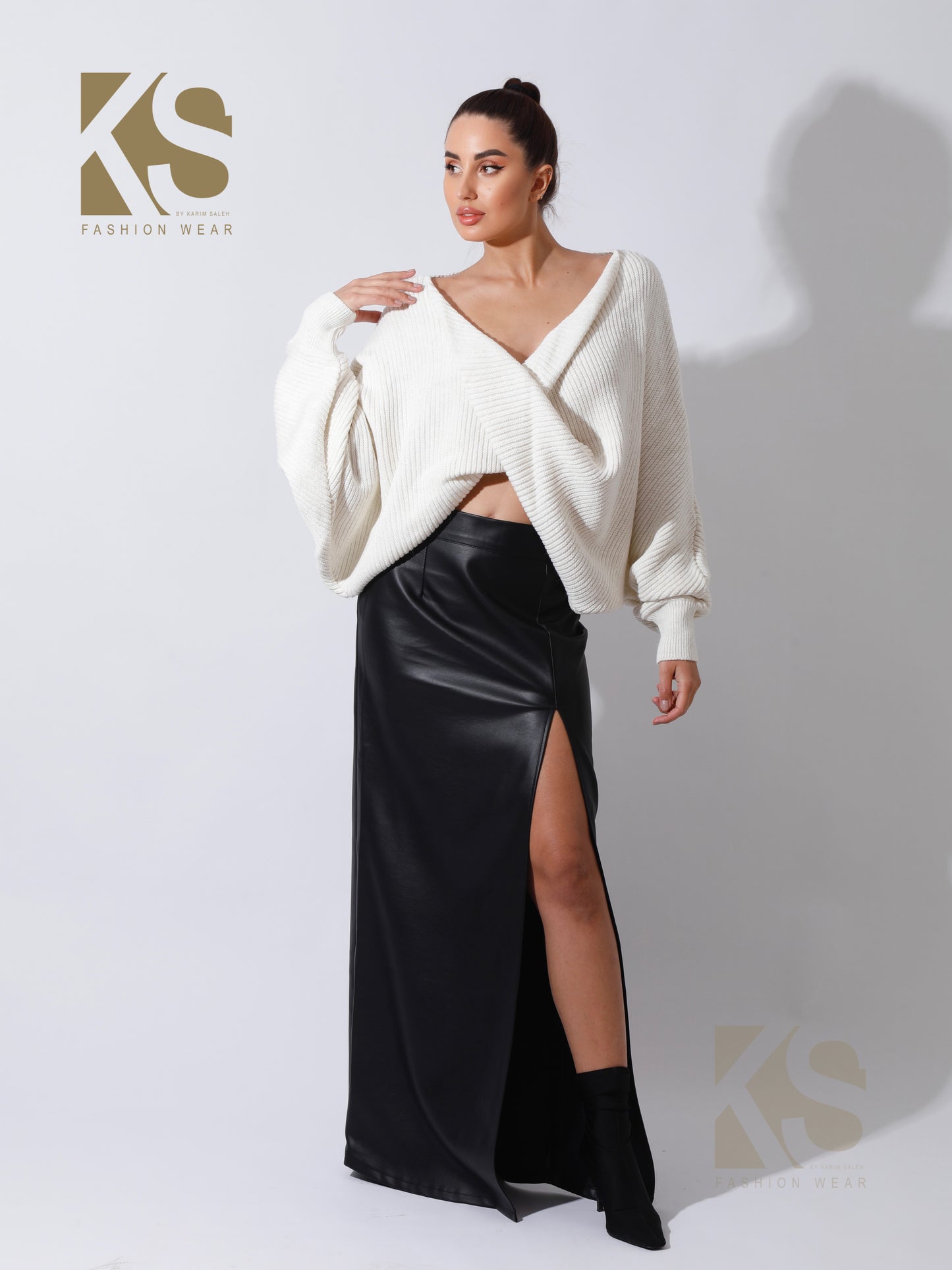 Leather Front Slit Skirt - Black