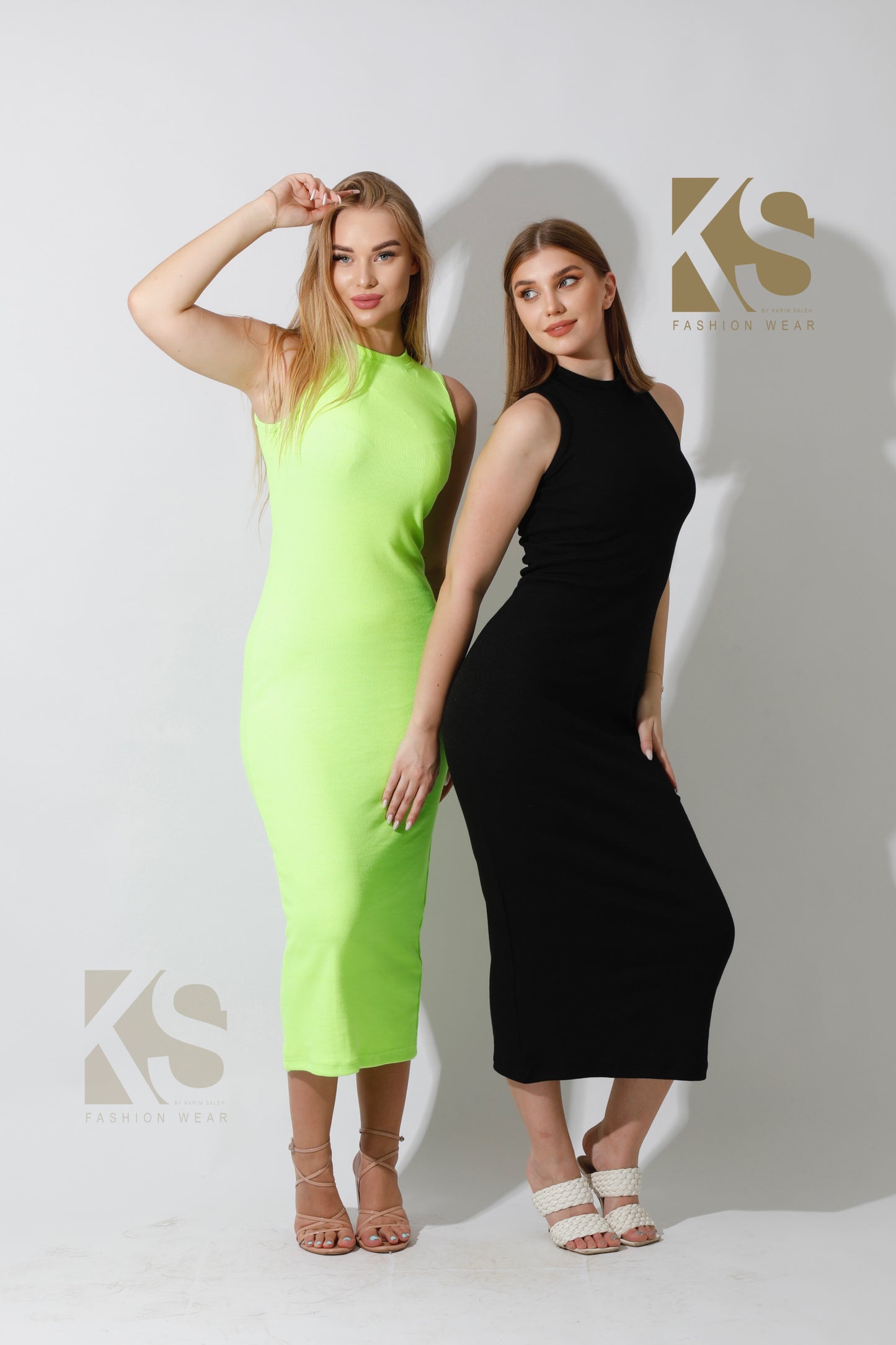 Slinky High Neck Midi Sleeveless Dress - Lime Green