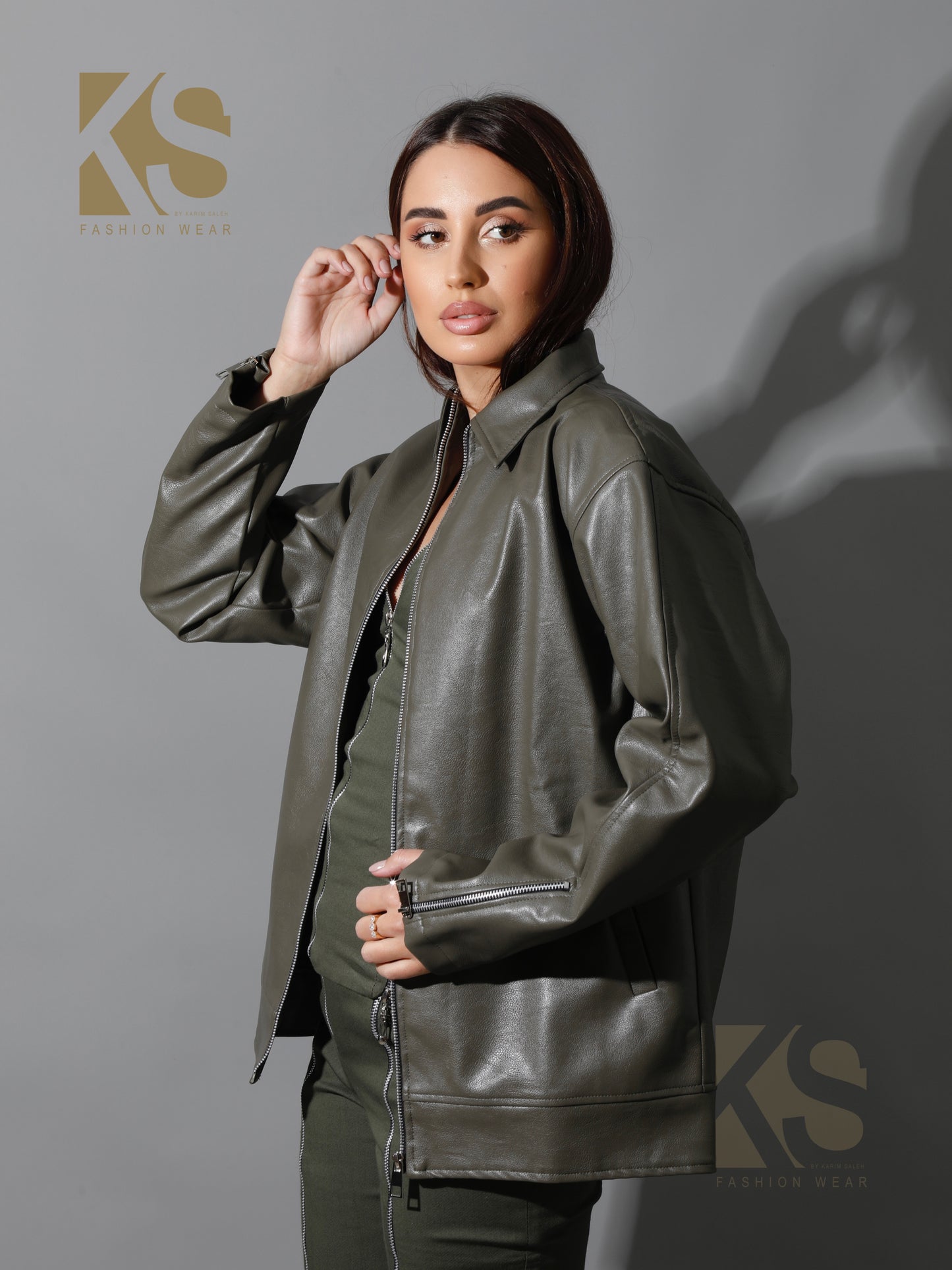 Leather Zipper Sleeved Jacket - Olive