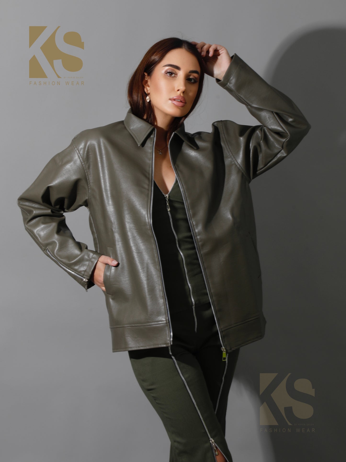 Leather Zipper Sleeved Jacket - Olive