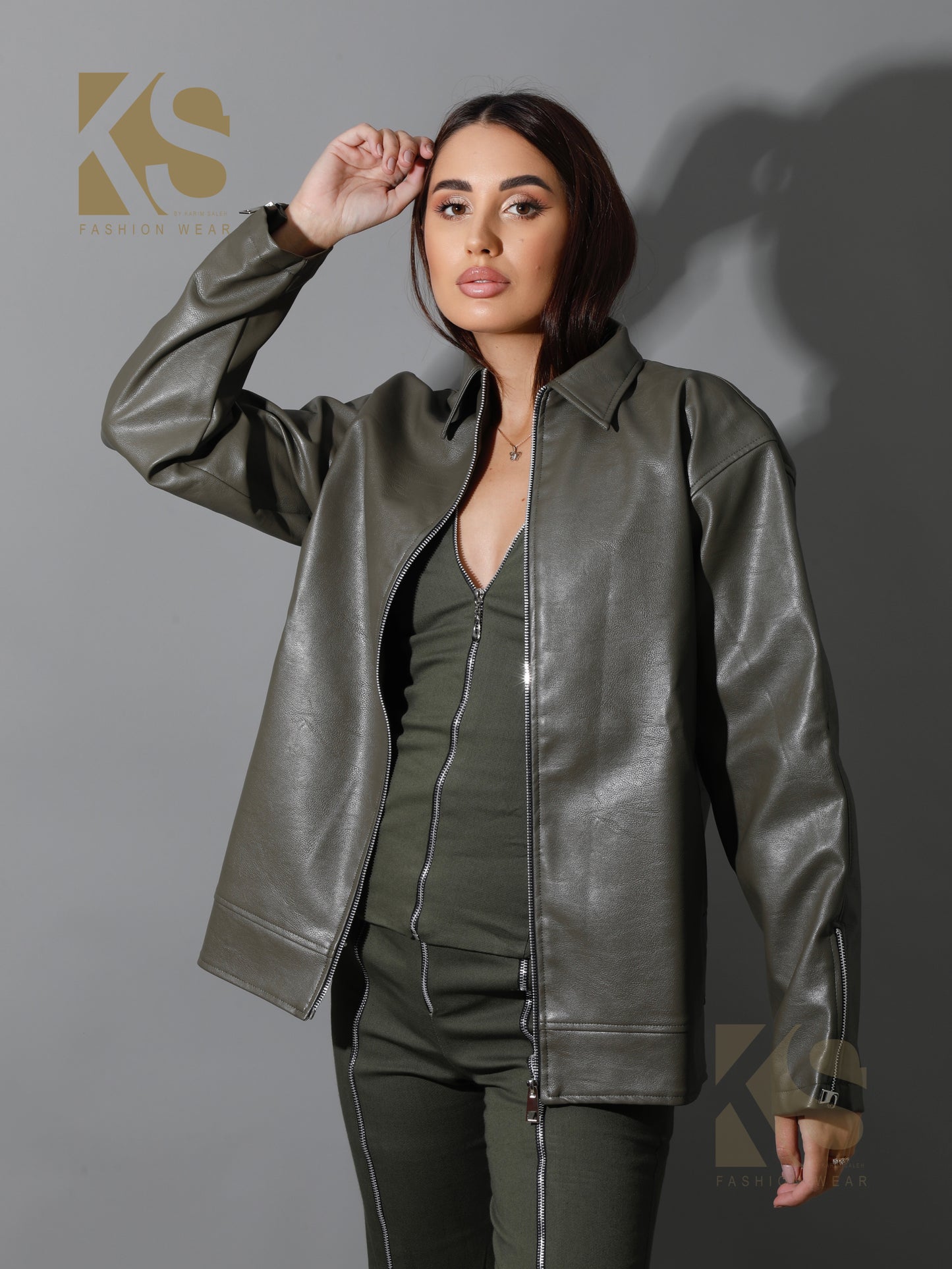 Leather Zipper Sleeved Jacket - Olive