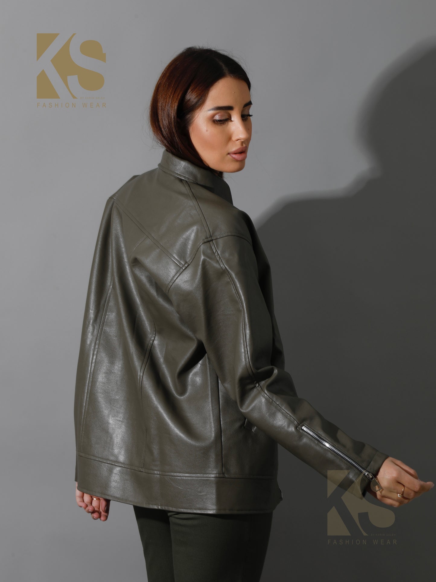 Leather Zipper Sleeved Jacket - Olive
