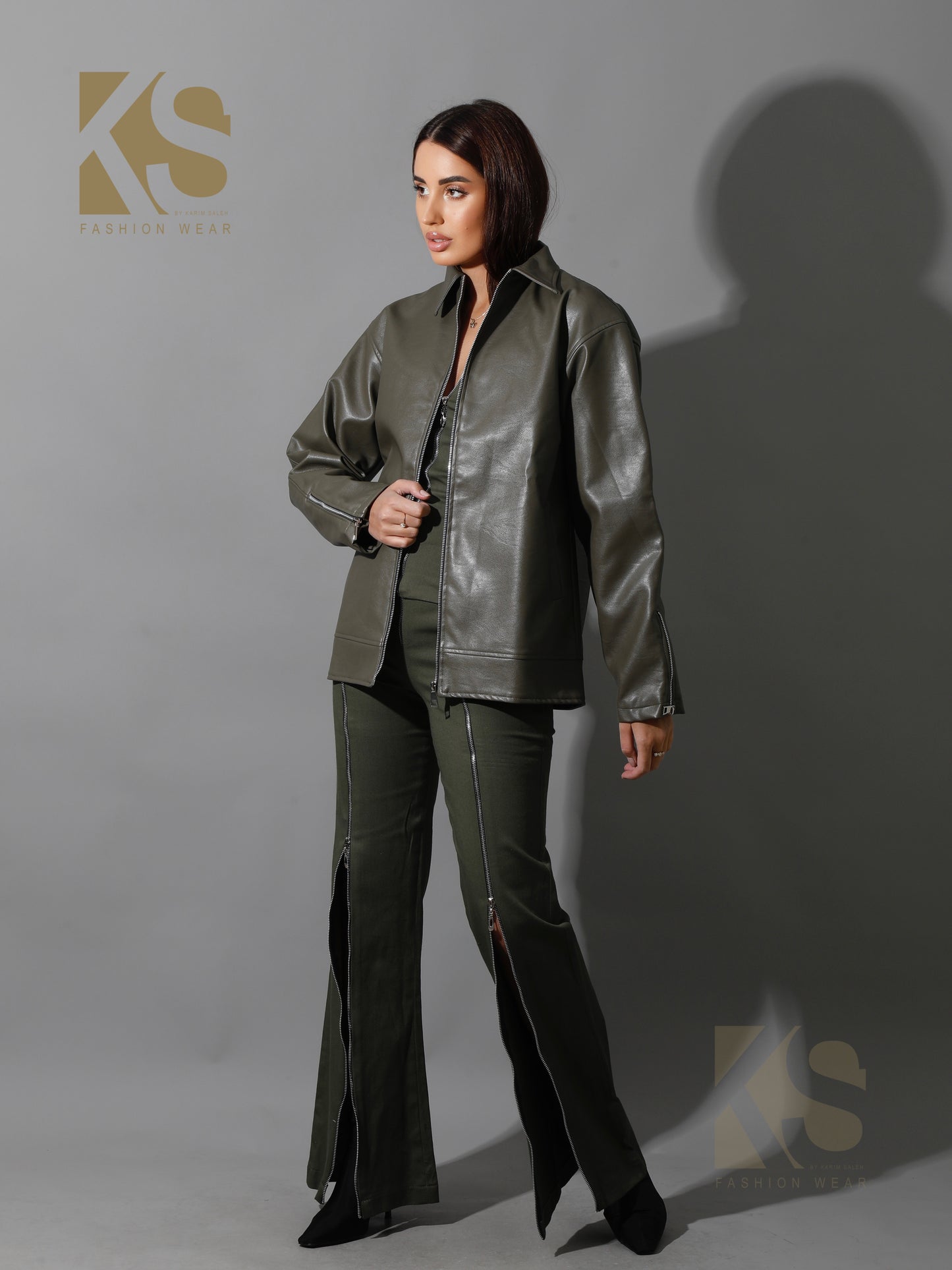 Leather Zipper Sleeved Jacket - Olive