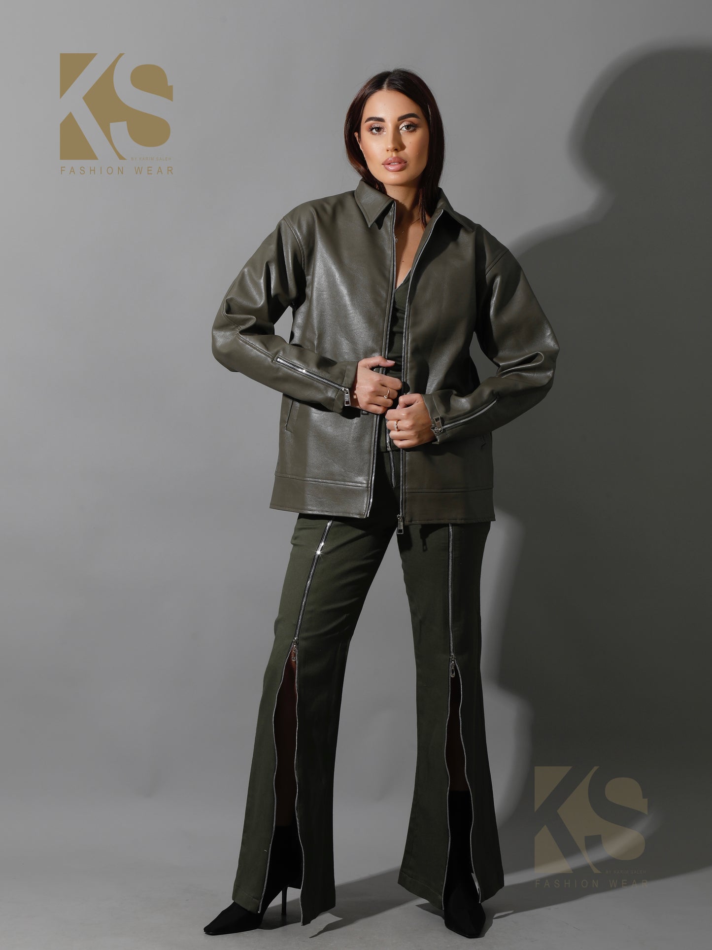 Leather Zipper Sleeved Jacket - Olive