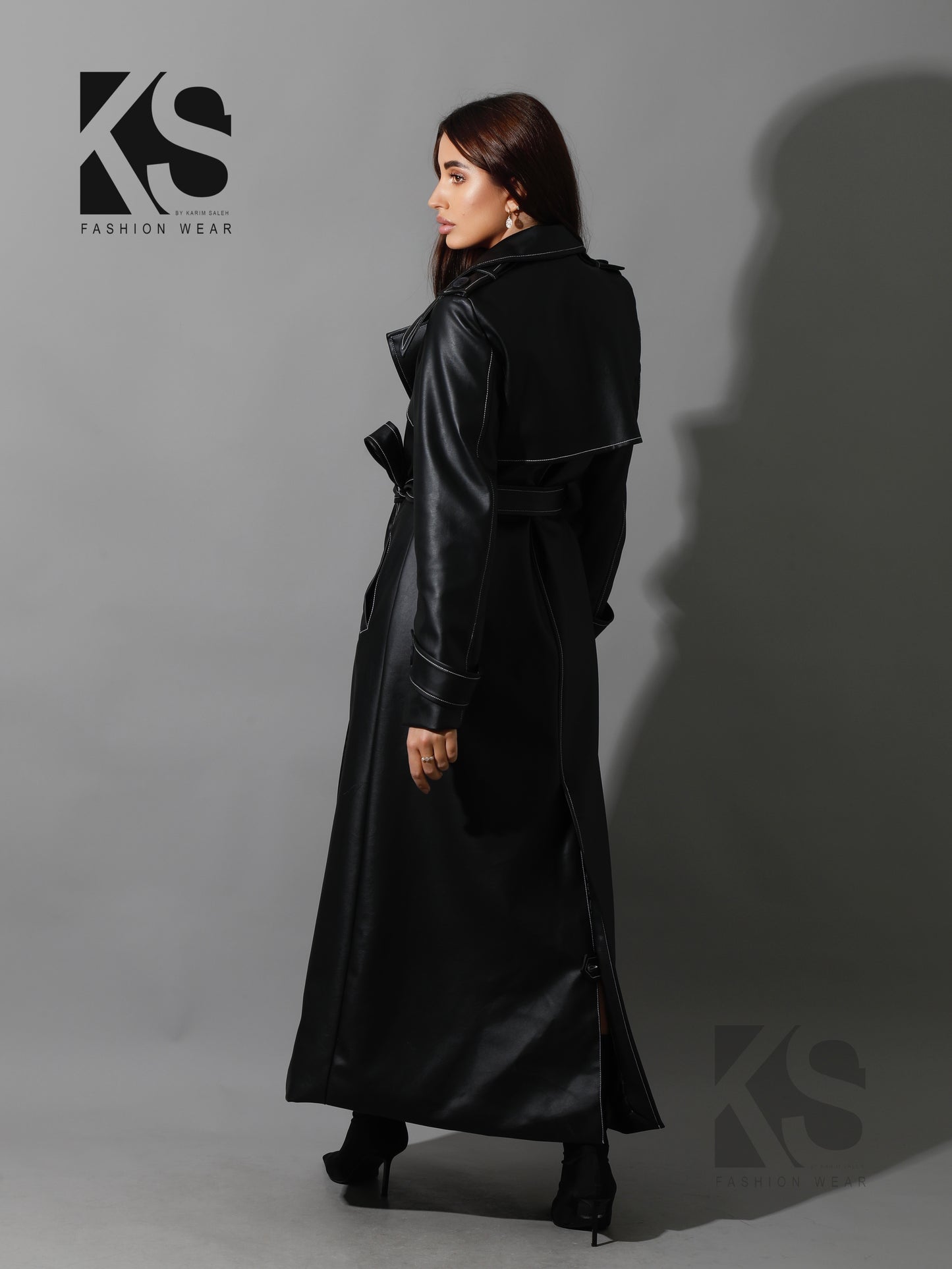 Leather Trench Coat With White Stitch - Black