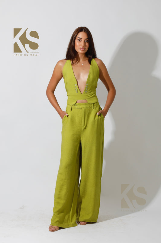 Co-Ord Front Slit Top & Trousers - kiwi Green