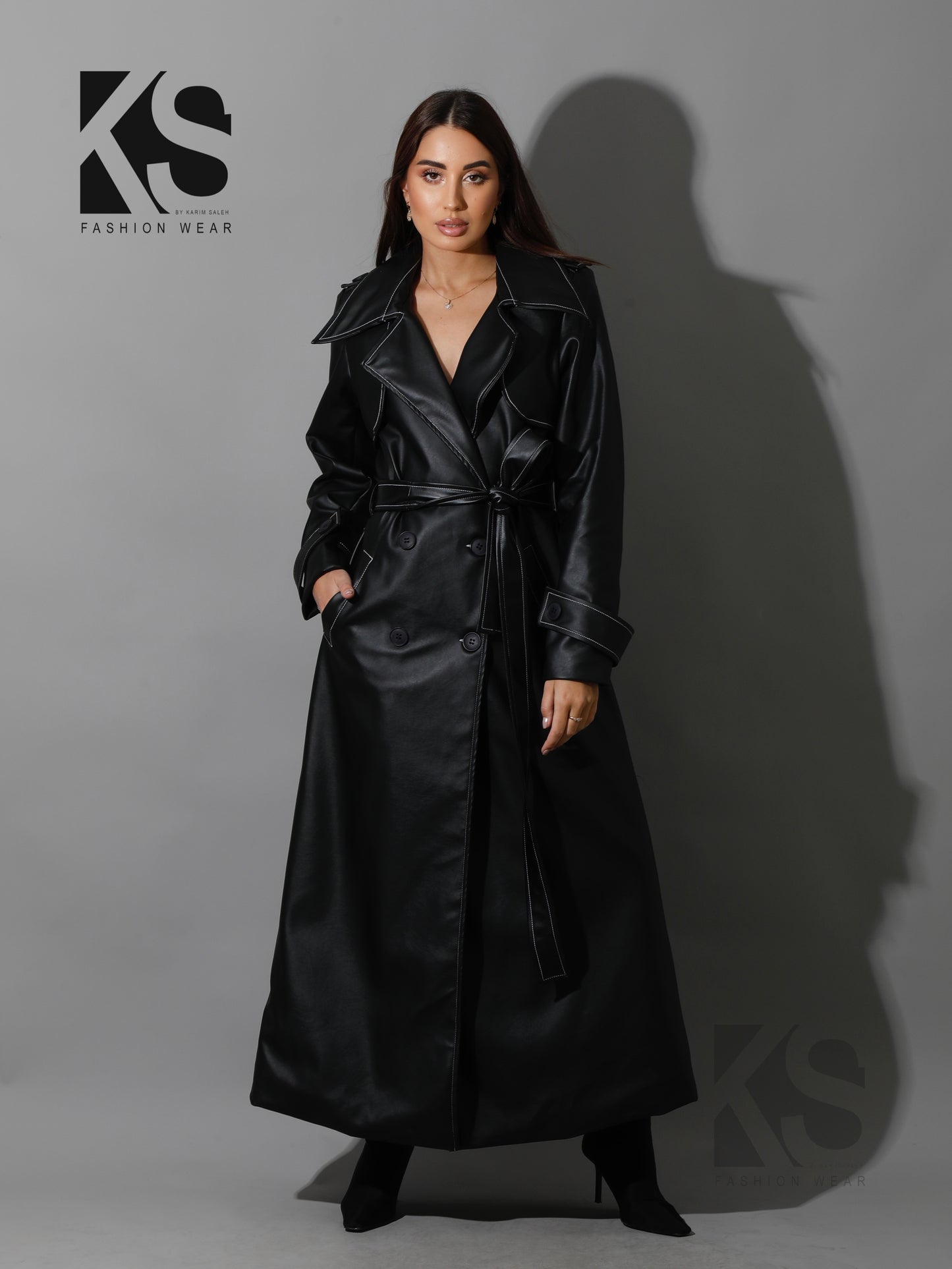 Leather Trench Coat With White Stitch - Black