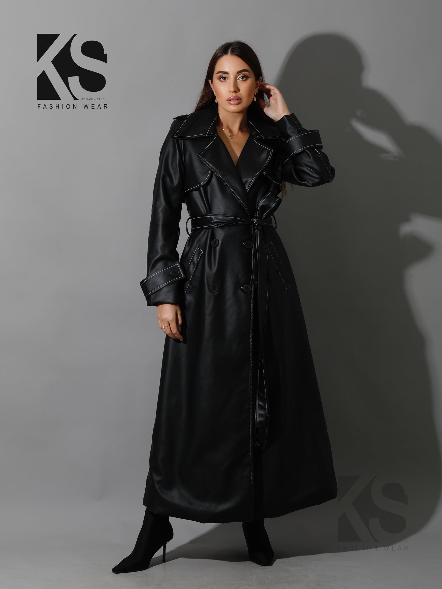 Leather Trench Coat With White Stitch - Black