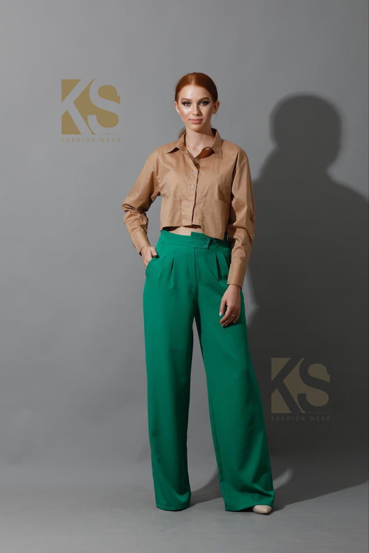 High Waist Wide Leg Trousers - Green