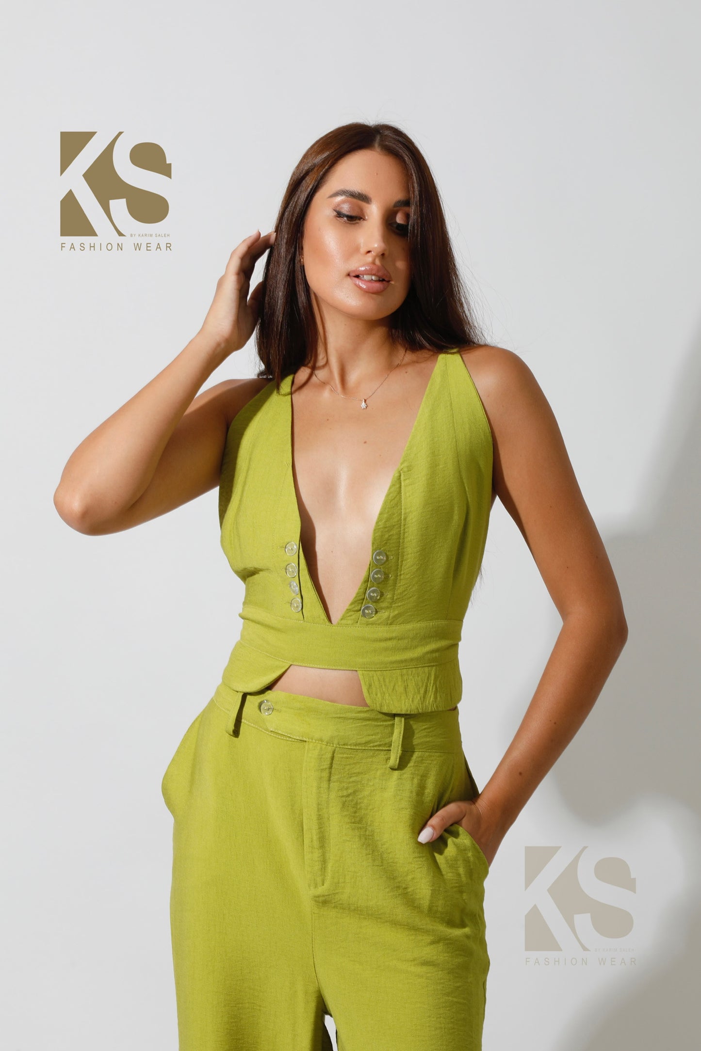 Co-Ord Front Slit Top & Trousers - kiwi Green