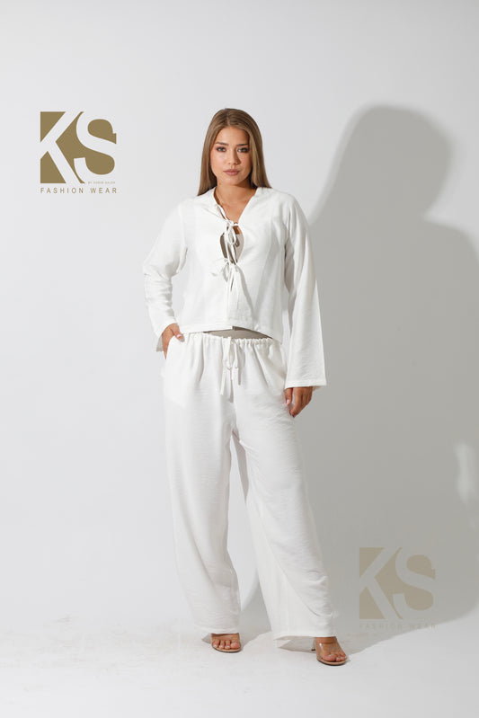 Short Cardigan & Lose Tied Pants Set - White