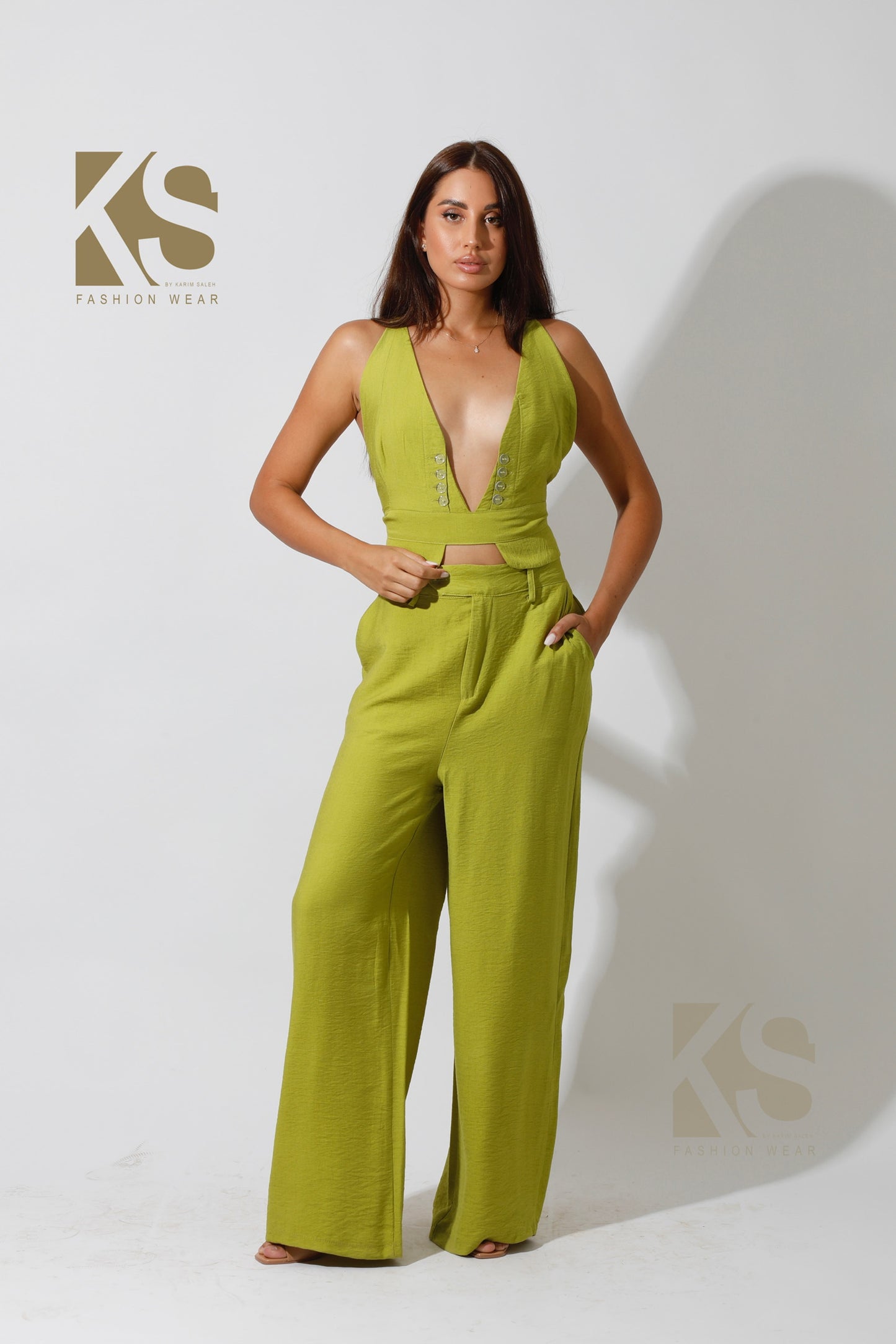 Co-Ord Front Slit Top & Trousers - kiwi Green