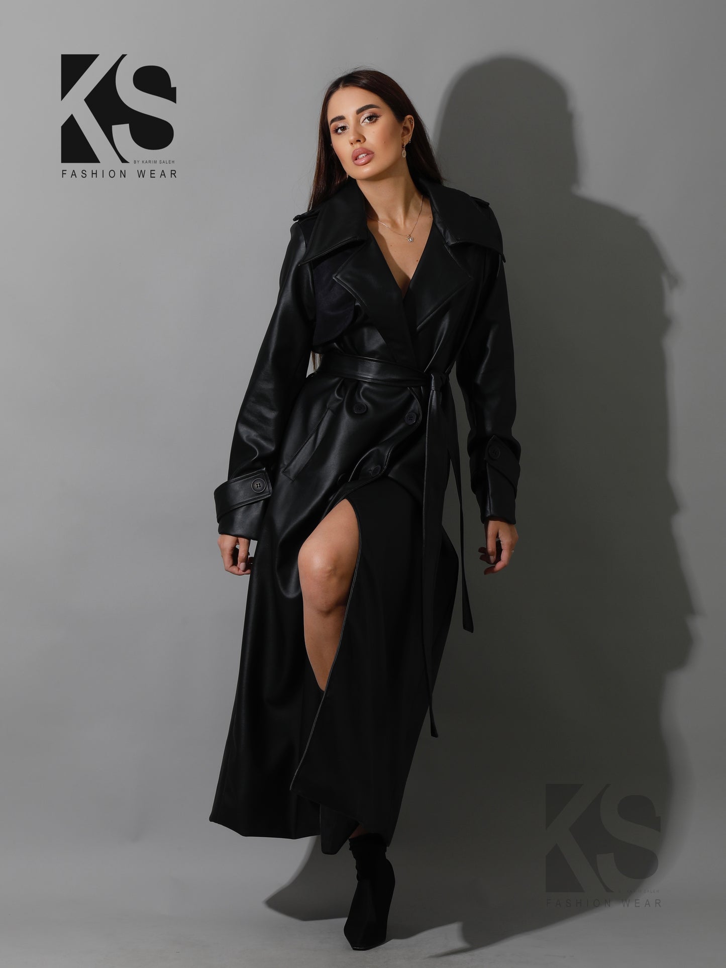 Leather Trench Coat With Suede - Black