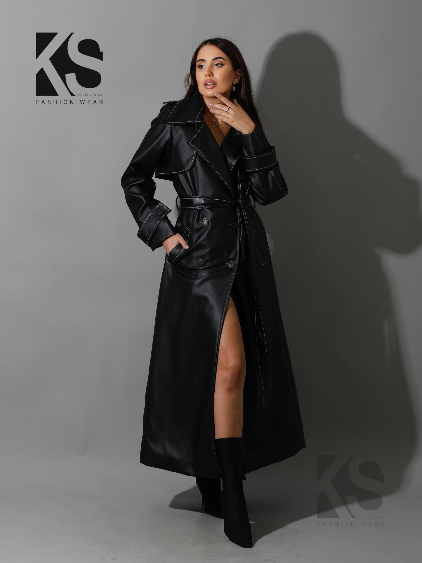 Leather Trench Coat With White Stitch - Black