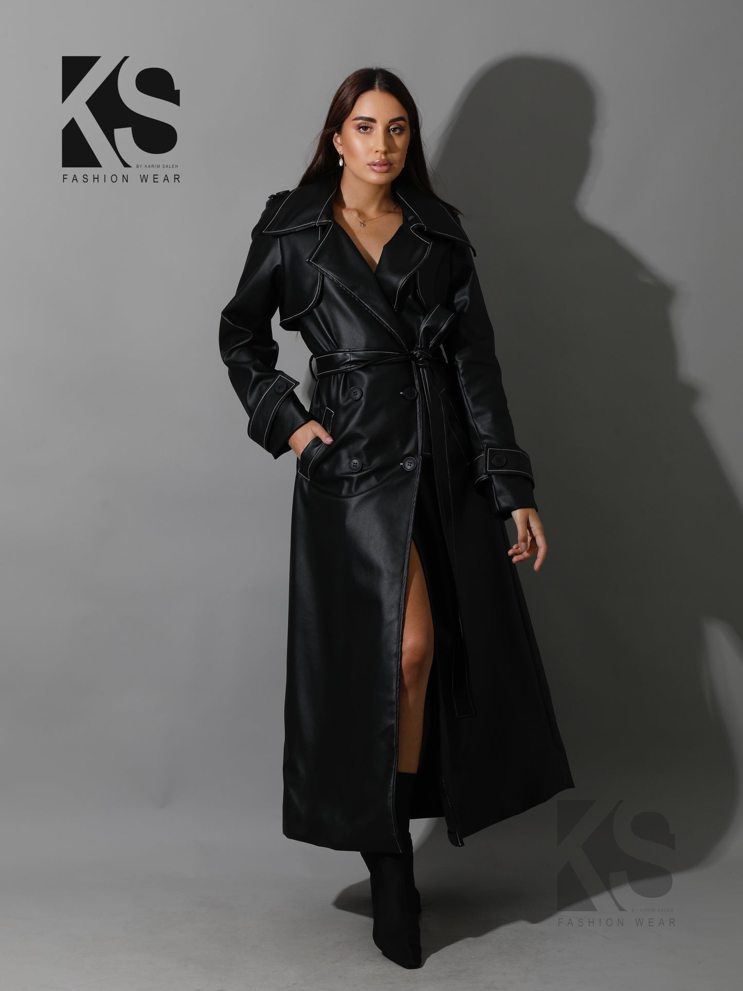 Leather Trench Coat With White Stitch - Black