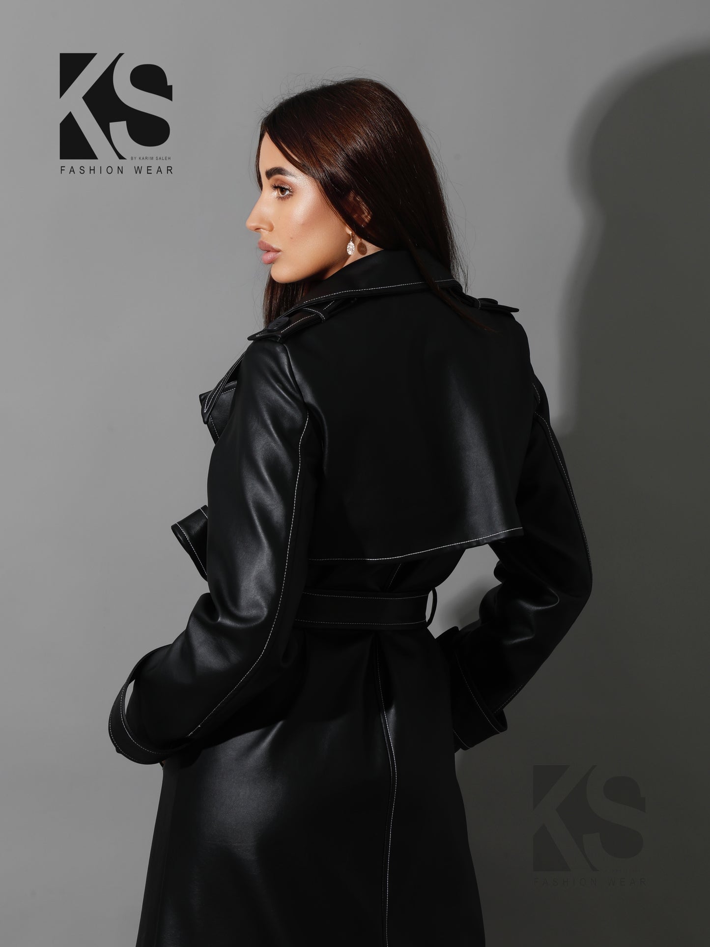 Leather Trench Coat With White Stitch - Black