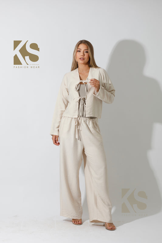 Short Cardigan & Lose Tied Pants Set -  Beige