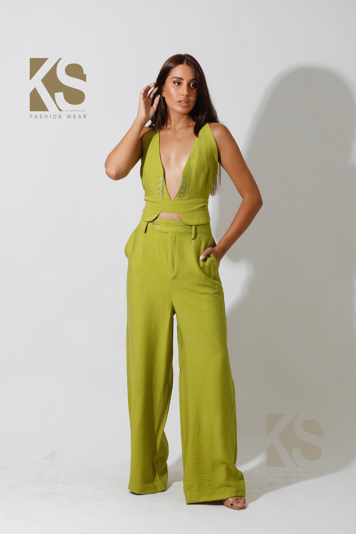 Co-Ord Front Slit Top & Trousers - kiwi Green