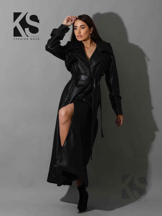 Leather Trench Coat With Suede - Black