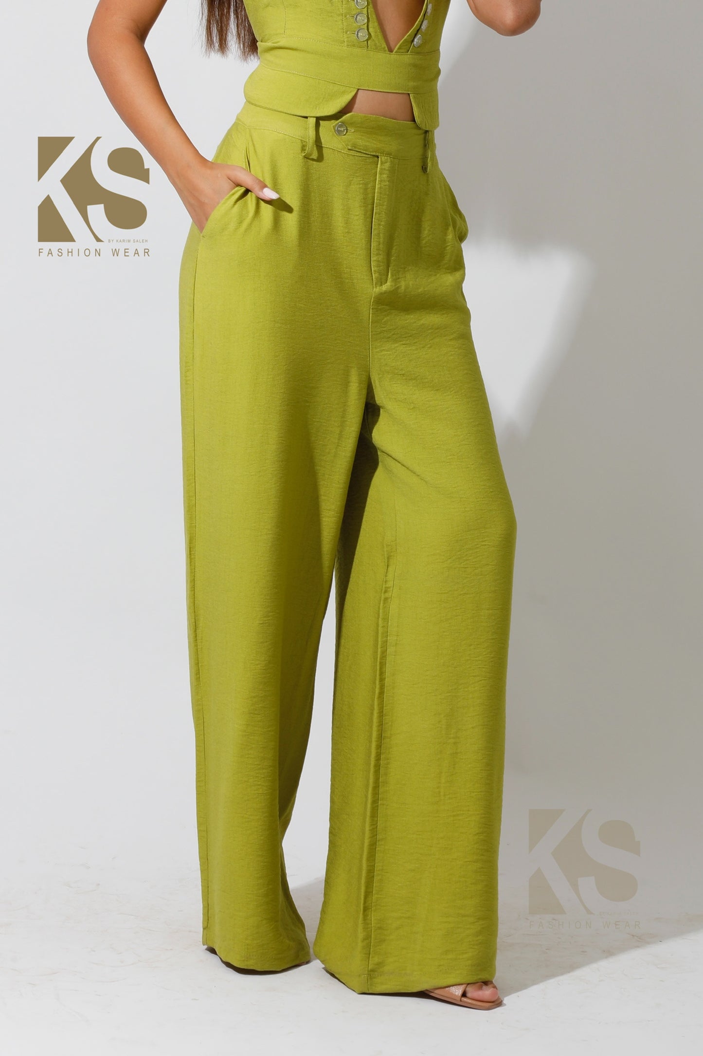 Co-Ord Front Slit Top & Trousers - kiwi Green