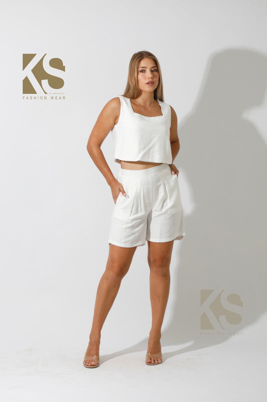 Tank Top & Flared Shorts Set - White