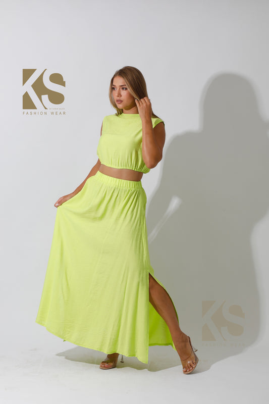 Crop Top & Maxi Side Slite Skirt Set - Lime Green