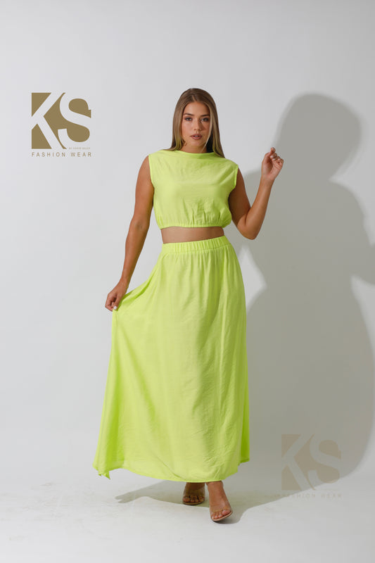 Maxi Side Slite Skirt Set - Lime Green