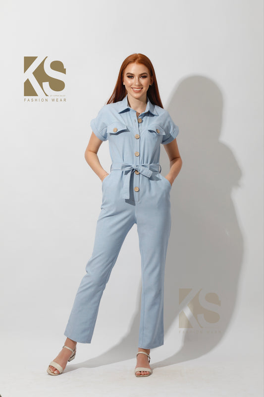 Buttons Jeans Jumpsuit - Light Blue