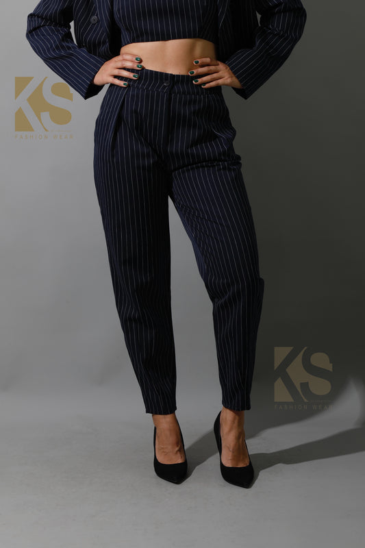 Striped Paper-bag Pants Co-Ord - Navy