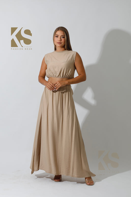 Crop Top & Maxi Side Slite Skirt Set - Beige