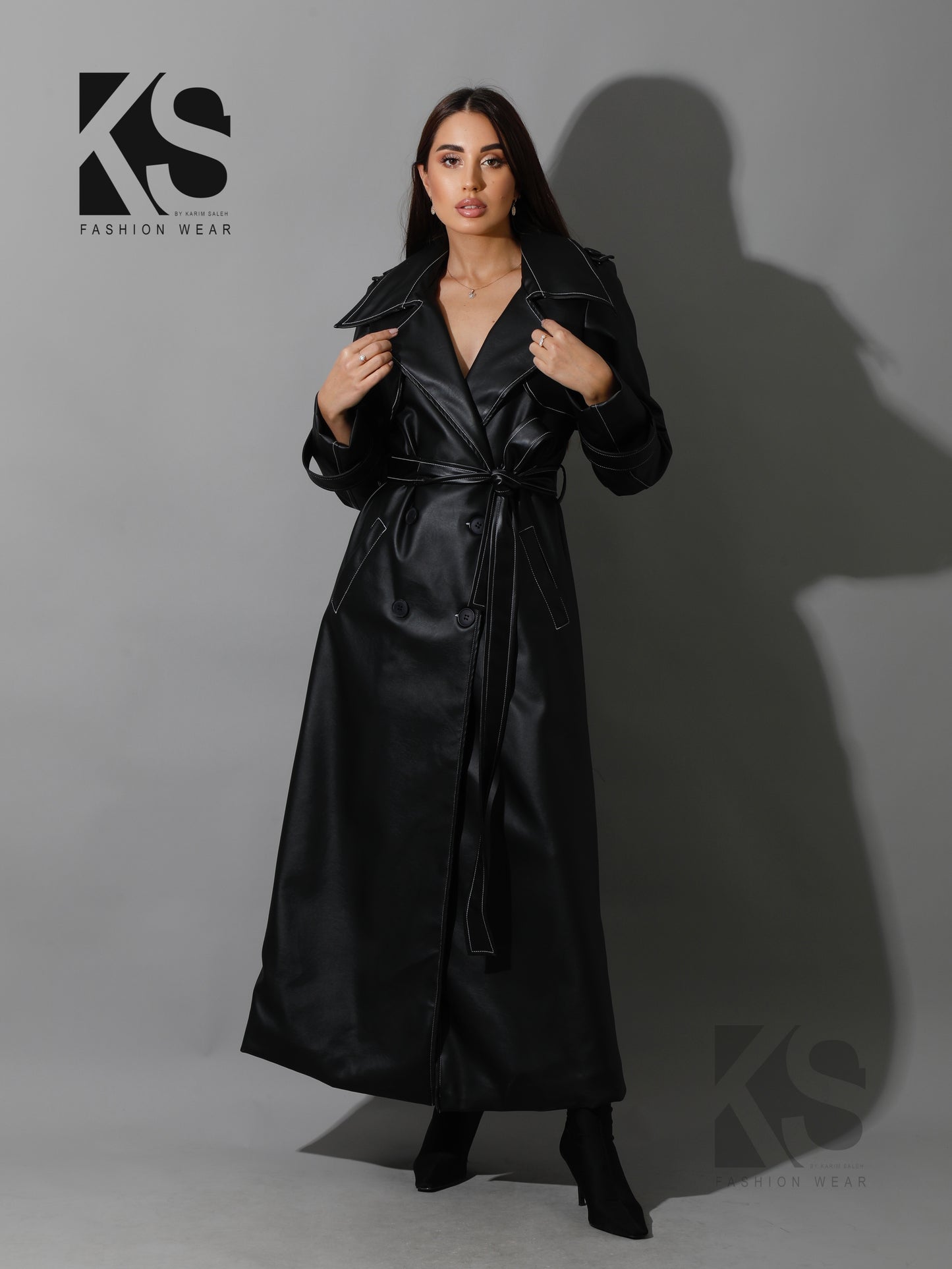 Leather Trench Coat With White Stitch - Black