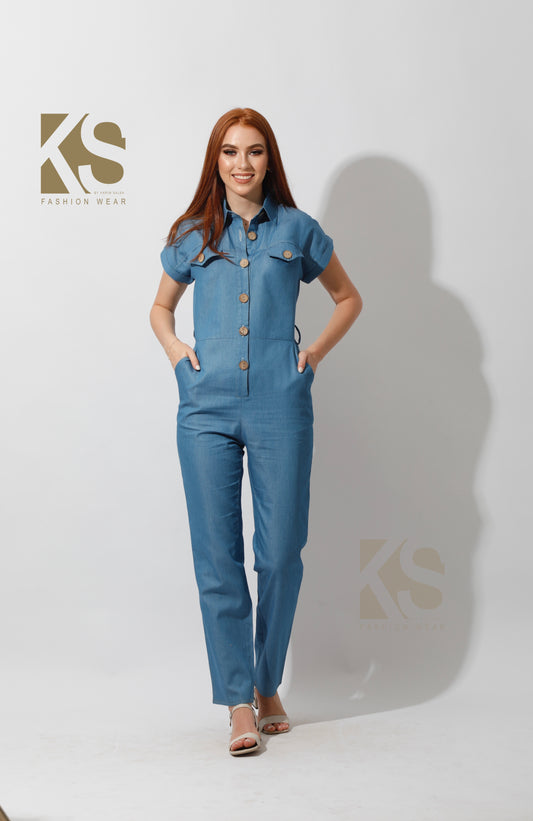 Buttons Jeans Jumpsuit - Blue