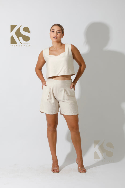 Tank Top & Flared Shorts Set - Beige