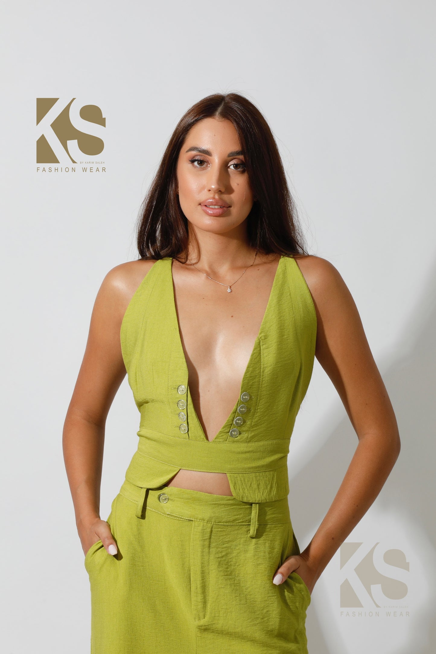 Co-Ord Front Slit Top & Trousers - kiwi Green