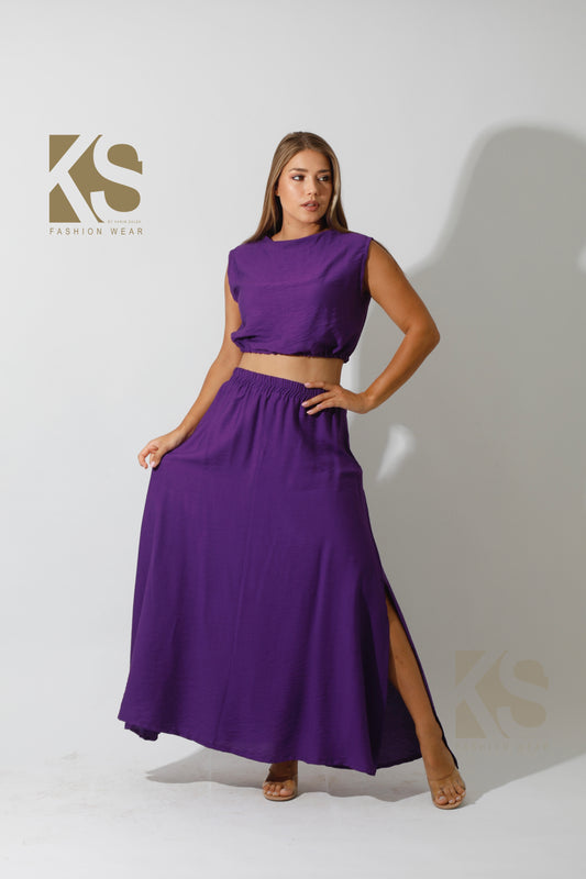 Crop Top & Maxi Side Slite Skirt Set - Purple