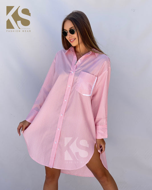 Oversized Striped Shirt Dress - Striped Pink