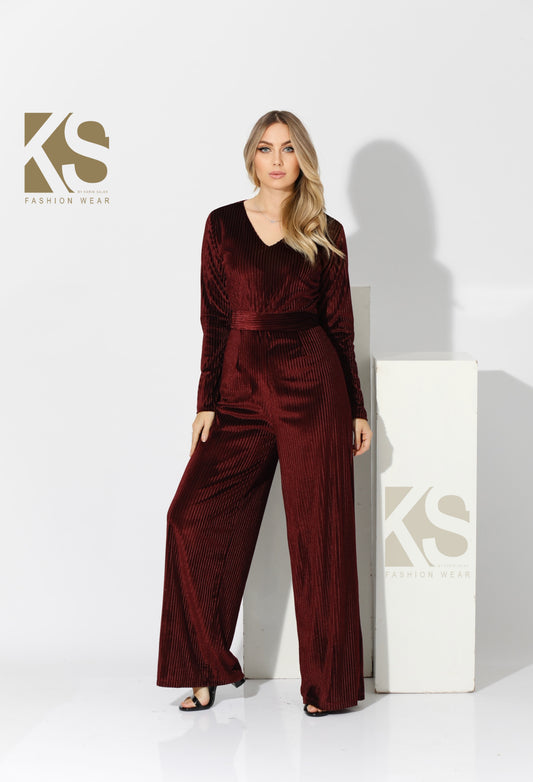 Striped Velvet wide leg Jumpsuit- Maroon