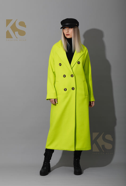 Long Double Breasted Coat - Lime Green