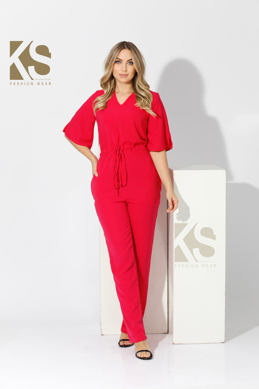 Half sleeves Jumpsuit - Red